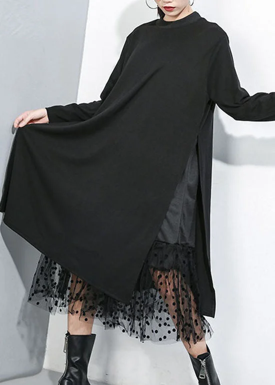 Women Black Asymmetrical Tulle Patchwork Cotton Maxi Dresses Spring