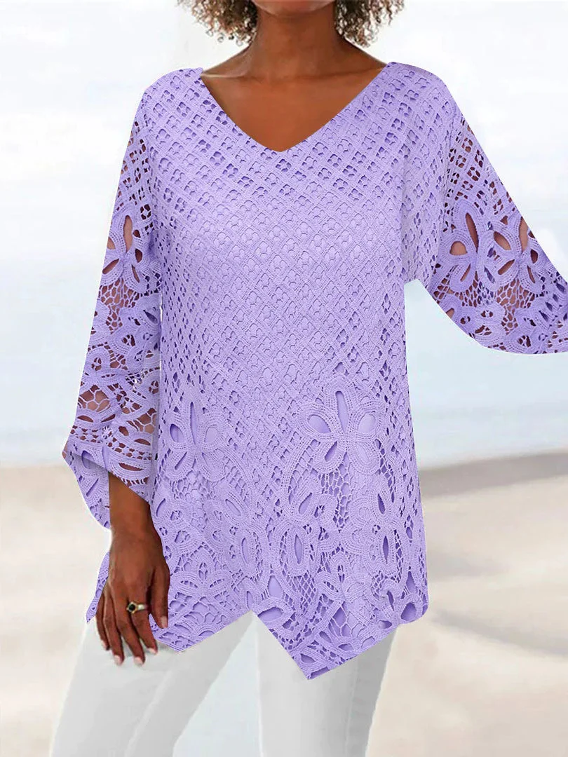 Women Asymmetrical 3/4 Sleeve V-neck Floral Lace Top