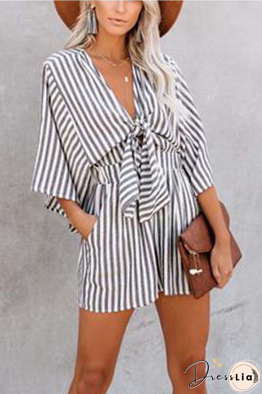 Striped Short Sleeve Loose Jumpsuit