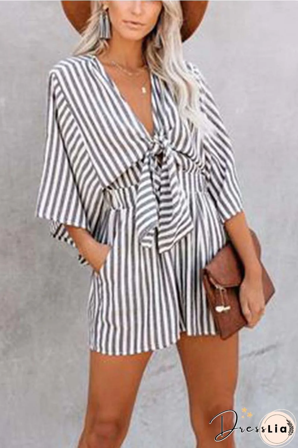 Striped Short Sleeve Loose Jumpsuit