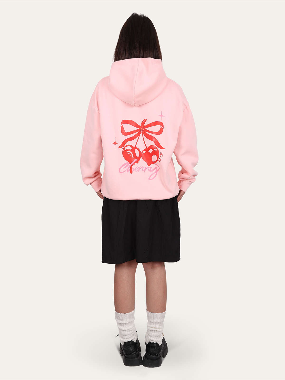 Pink Act Chic Ghost Cherry & Letter Printed Hooded Sweatshirt Back Nana