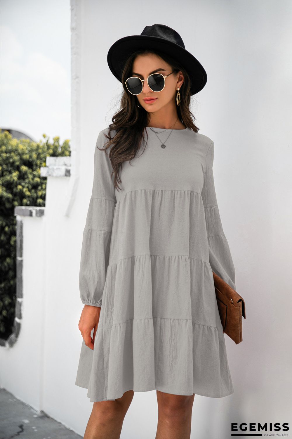 Cotton Round Neck Lantern Sleeve Dress | EGEMISS