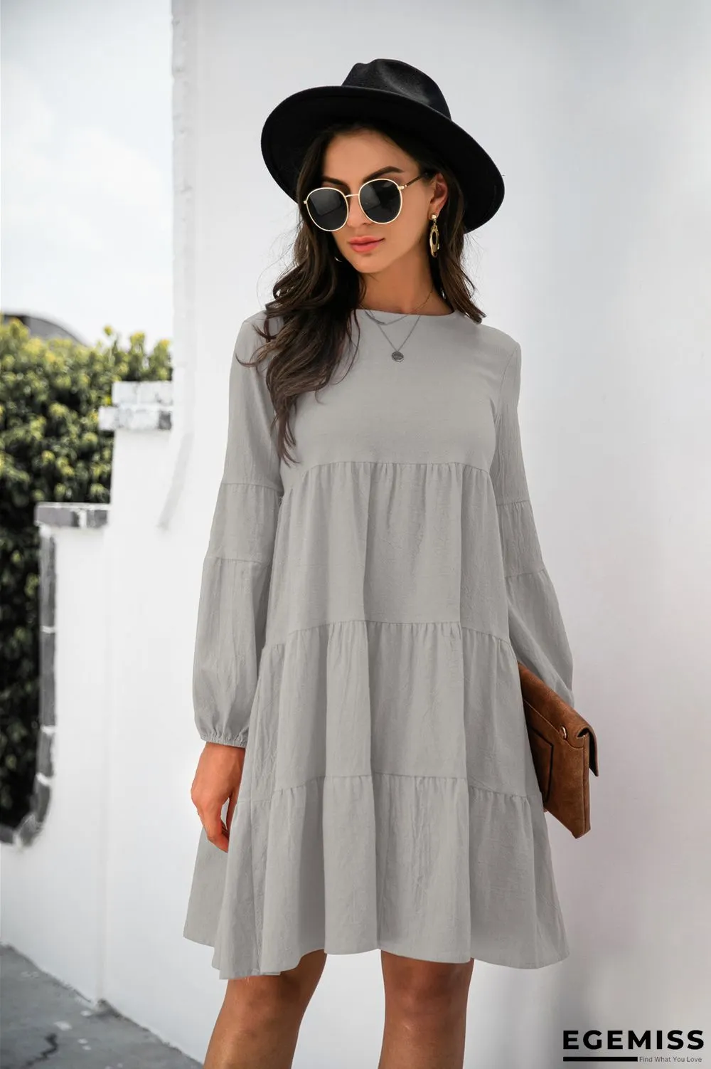 Cotton Round Neck Lantern Sleeve Dress | EGEMISS
