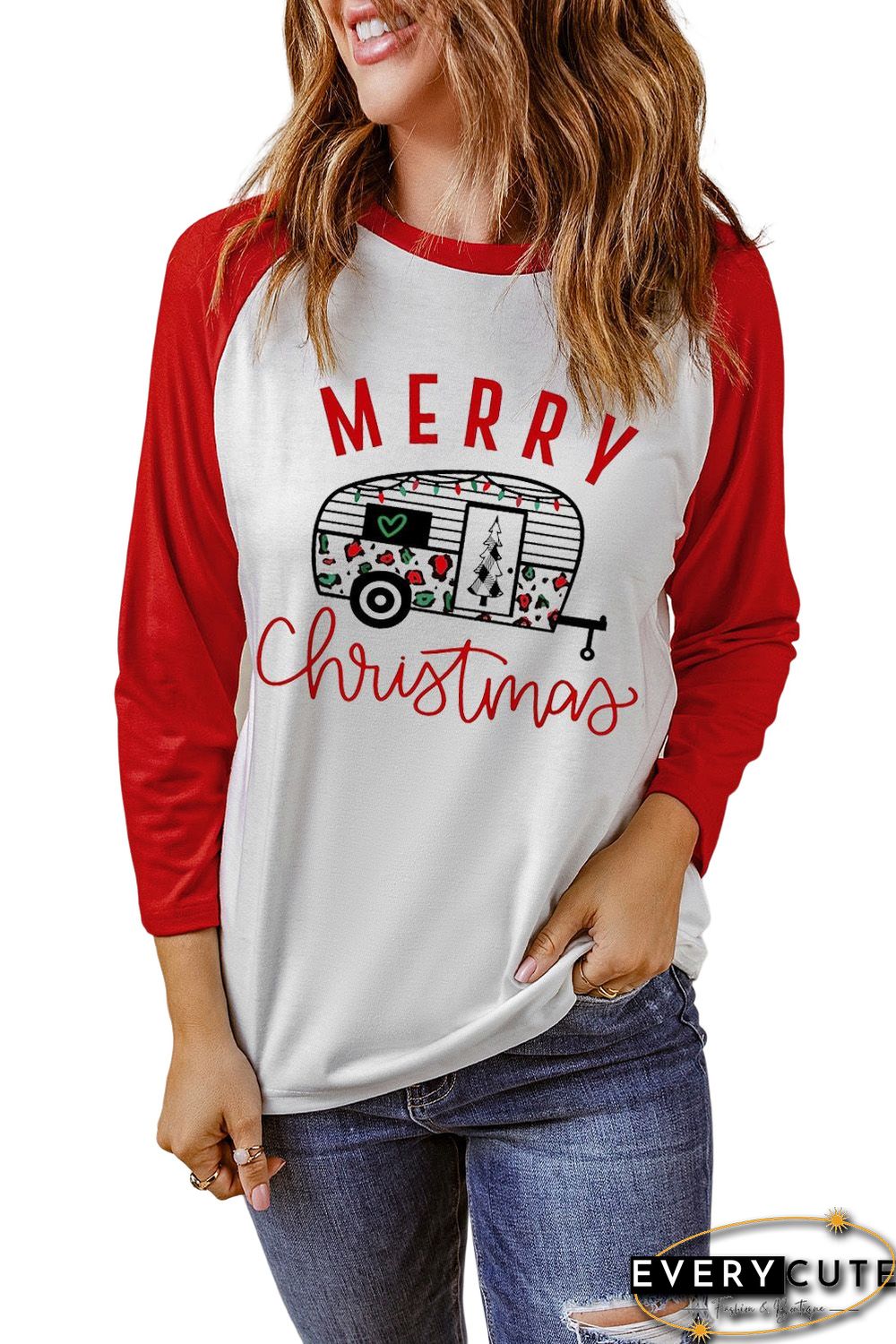 Red Merry Christmas Graphic Print Color Block Top