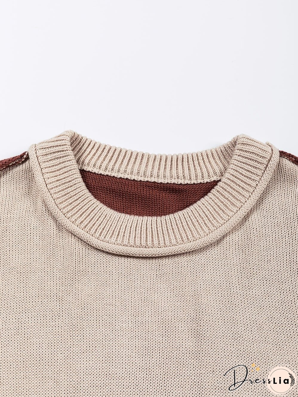 Brown Colorblock Bishop Sleeve Patchwork Rib Knit Sweater
