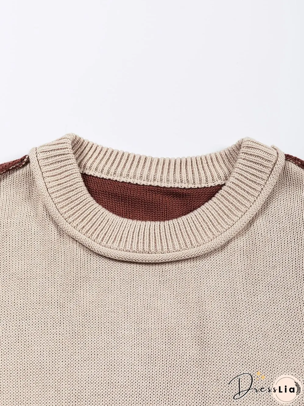 Brown Colorblock Bishop Sleeve Patchwork Rib Knit Sweater