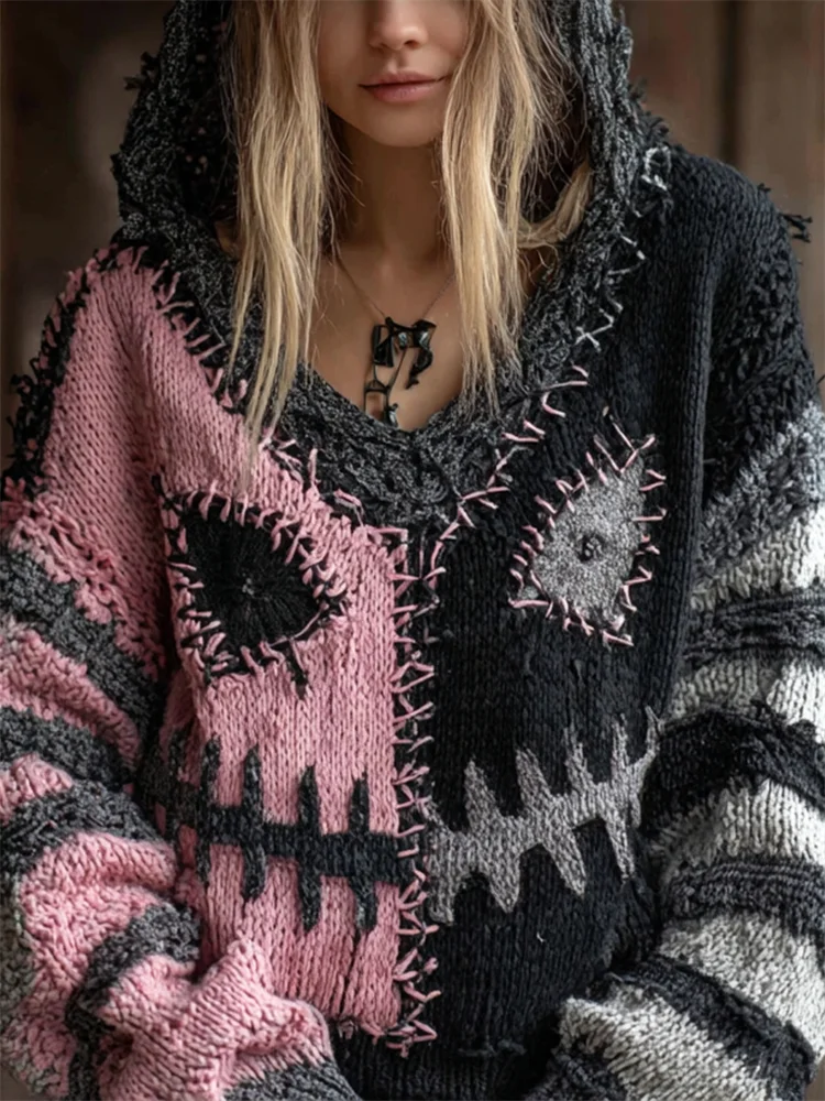 Halloween Spooky Face Contrast Stitched Knit Hooded Sweater