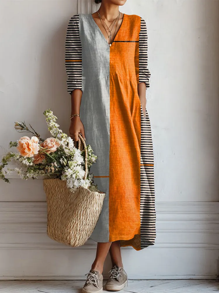 Women's Vintage Abstract Geometry  Art Print Linen Pocket Tunic Dress