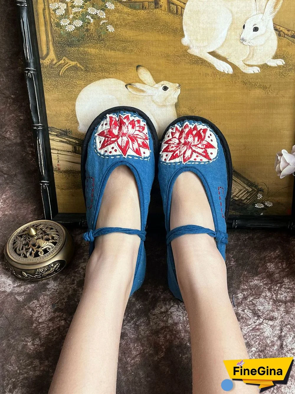 Women Summer Ethnic Lotus Print Cloth Shoes