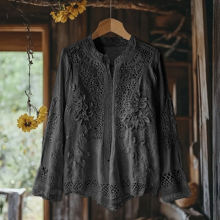 VChics Women's Retro Floral Lace Embroidery Art V-neck Shirt