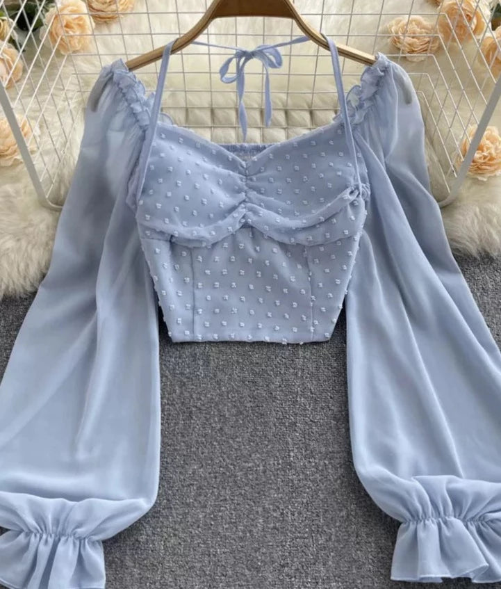 SINGREINY Polka Dot Folds Short Blouse Summer Slash Neck Long Sleeve Women Tie Halter Elastic Waist Fashion French Beach Top LANFUBEISI