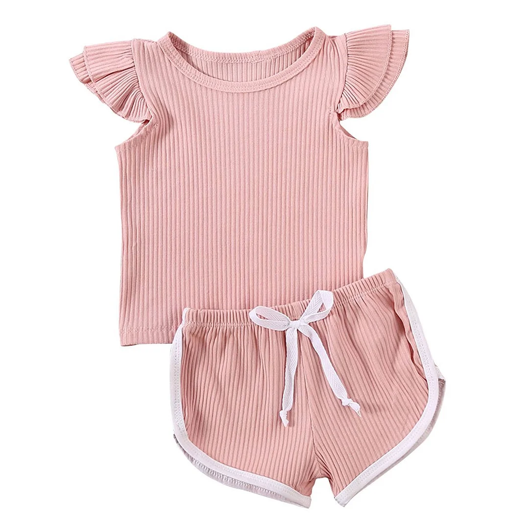 2020 Baby Summer Clothing 2PCS Newborn Kids Baby Girl Clothes Ruffled Sleeve Shirt Top Pants Shorts Kintted Ribbed Outfit Set