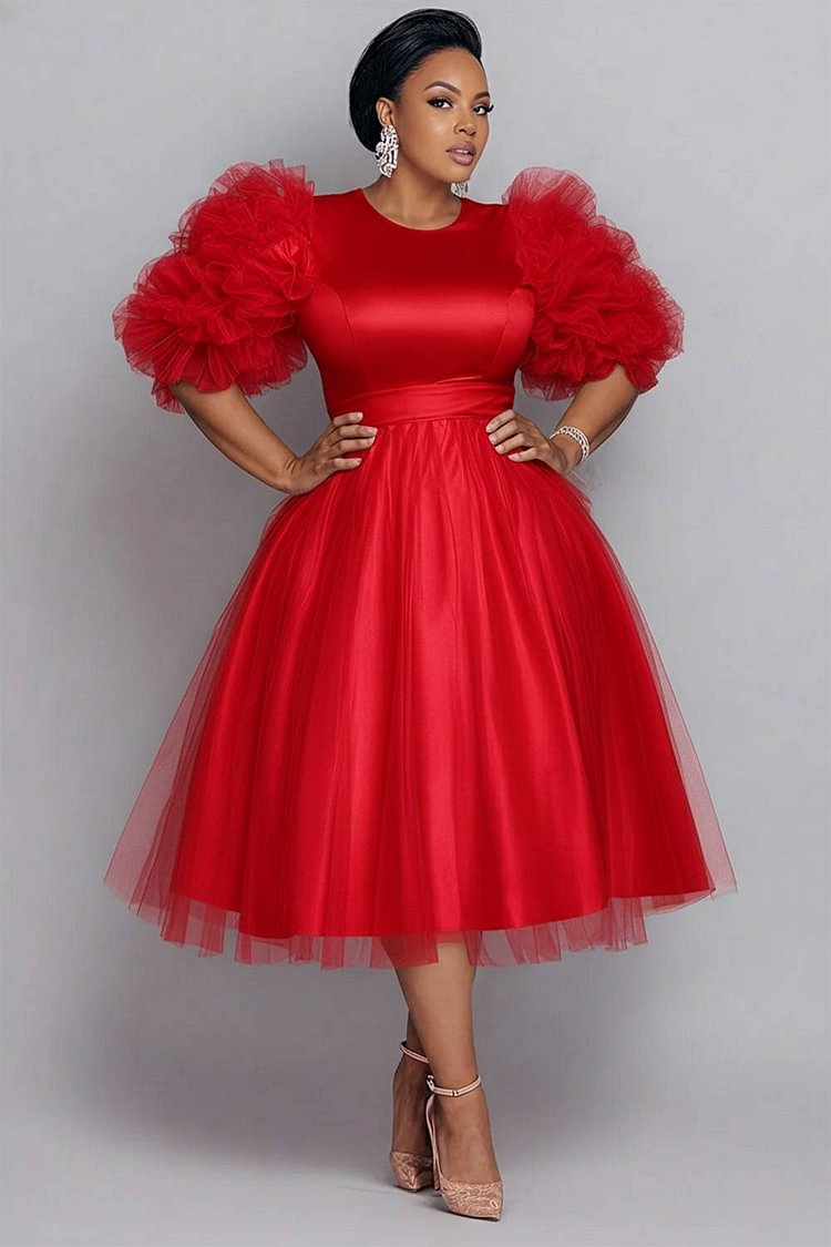 Xpluswear Design Plus Size Formal Tulle Pink Round Neck Long Sleeve Contrast Elegant 3D Satin Midi Dresses 2024 - Xpluswear