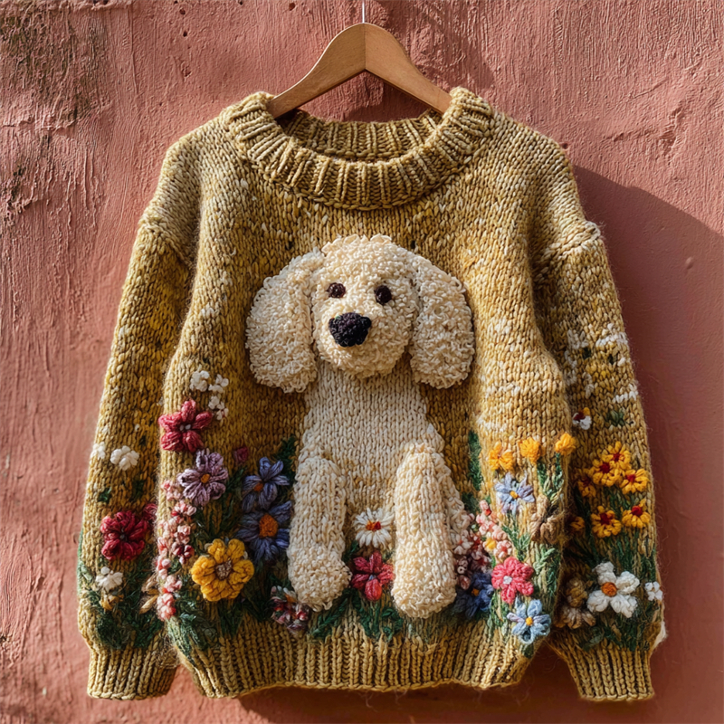 Vintage Fuzzy Dog Floral Crochet Cozy Knit Sweater
