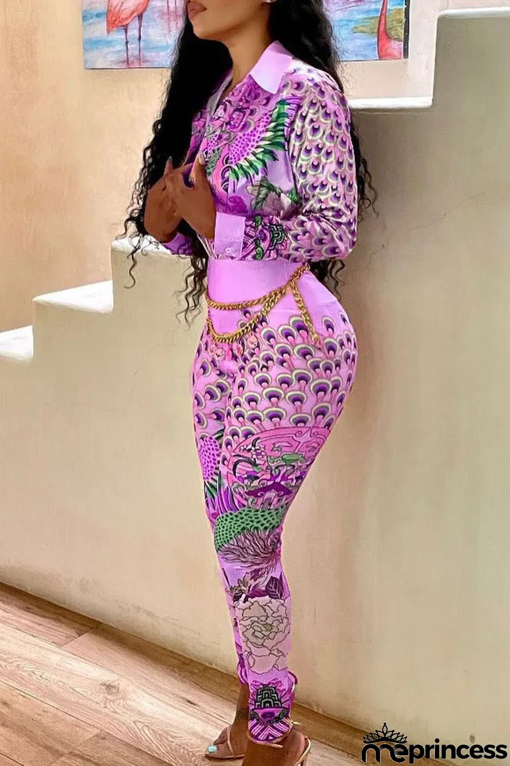 Purple Casual Print Split Joint Buckle Turndown Collar Long Sleeve Two Pieces(Without Belt)