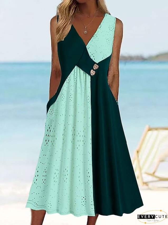 Casual Dress Tank Summer Color Block Lace Ruched Neck Midi Fashion Modern Daily Holiday