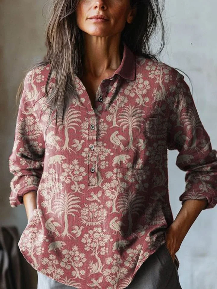 Women's Vintage Lovely Floral Art Print Casual Cotton And Linen Shirt