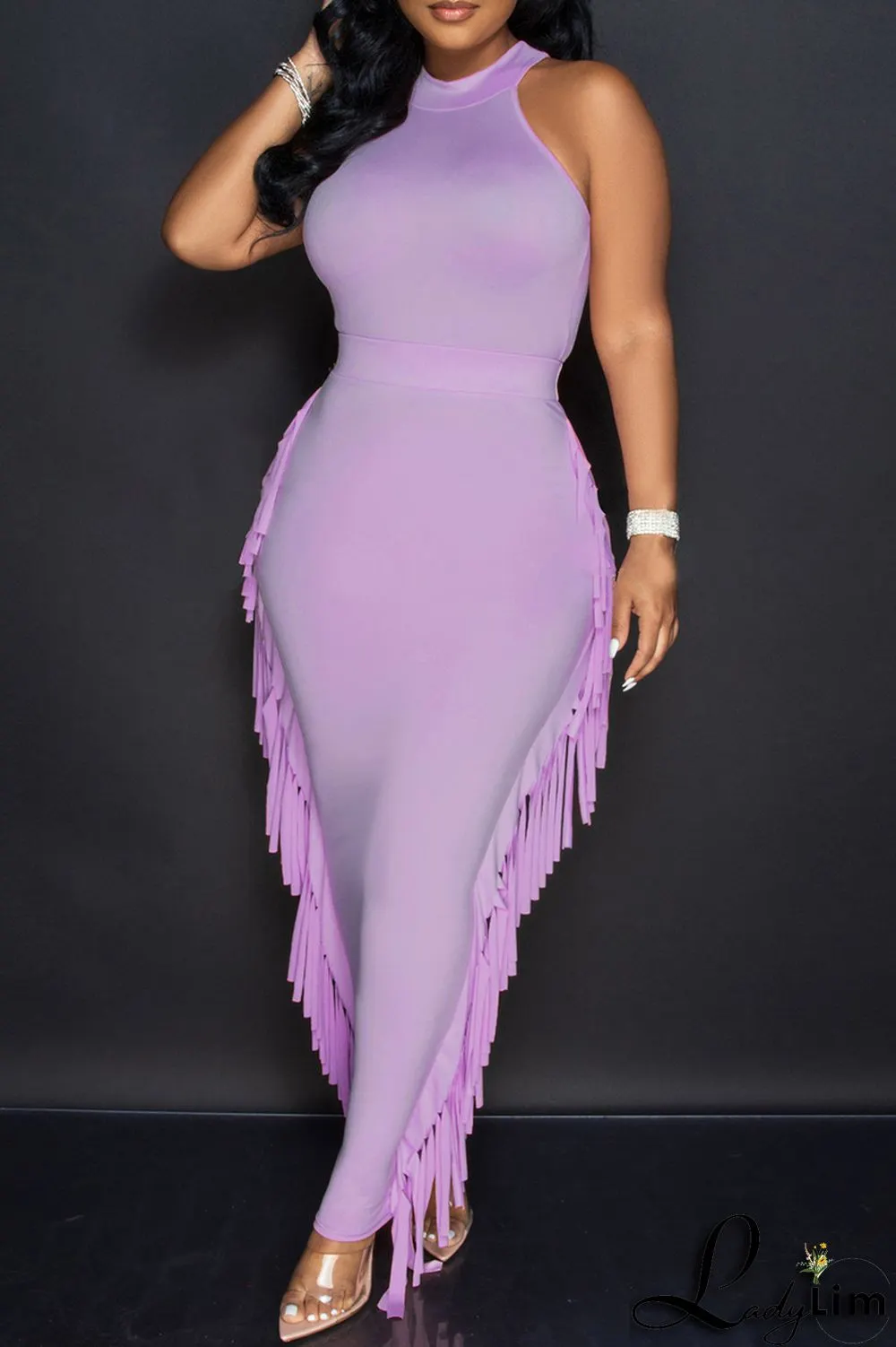 Purple Fashion Casual Solid Tassel Patchwork O Neck Sleeveless Dress
