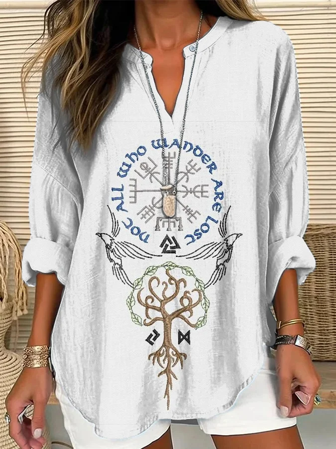 Comstylish Viking Rune Embroidery Pattern Women's V-Neck Linen Blend Shirt