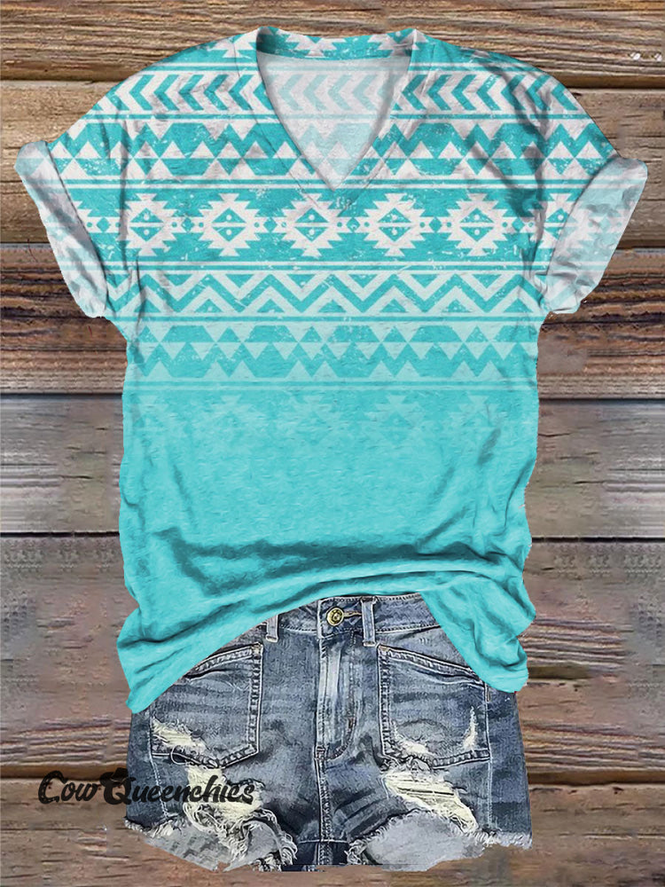 Women’s Turquoise Gradient Aztec Print V-neck Casual T-Shirt Multicolor / S