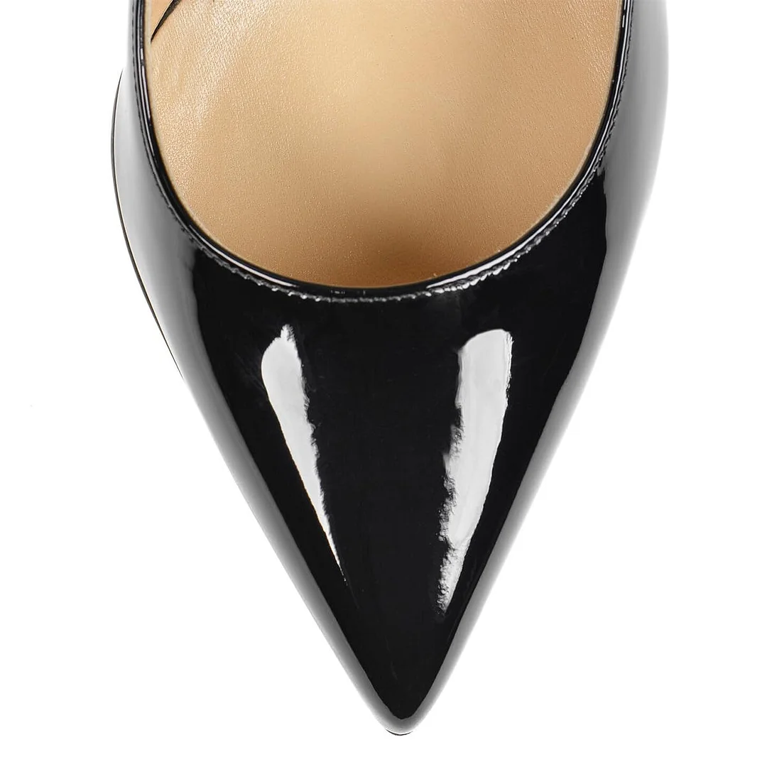 Black Patent Leather Pointed Toe Rhinestone Flared Heel Pumps Shoes 