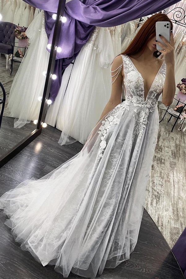 Chic Straps V-neck Backless A-line Wedding Dress With Appliques Pearls | Ballbellas Ballbellas