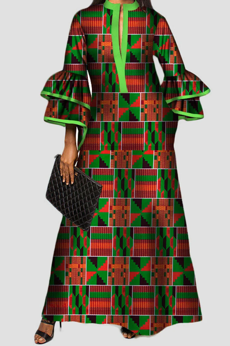 Vintage Print Patchwork V Neck A Line Dresses