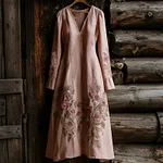 Women's Rose Printed Art V-neck Long Sleeve Maxi Dress - Image 3