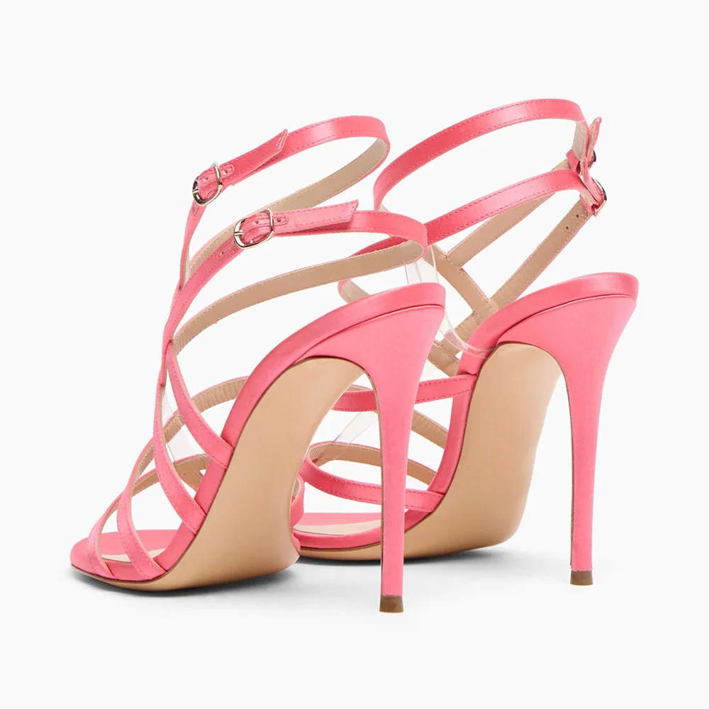 Cute Pink Round Toe Stilettos Strappy High Heel Sandals with Buckle