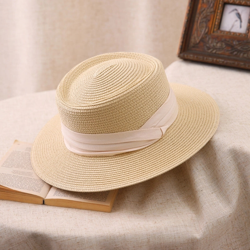 Big Head Straw Hat Women’s Flat Top Hat Flat Brim Sunshade Hat Fashionable Women’s Straw Sun Hat Showing Small Face