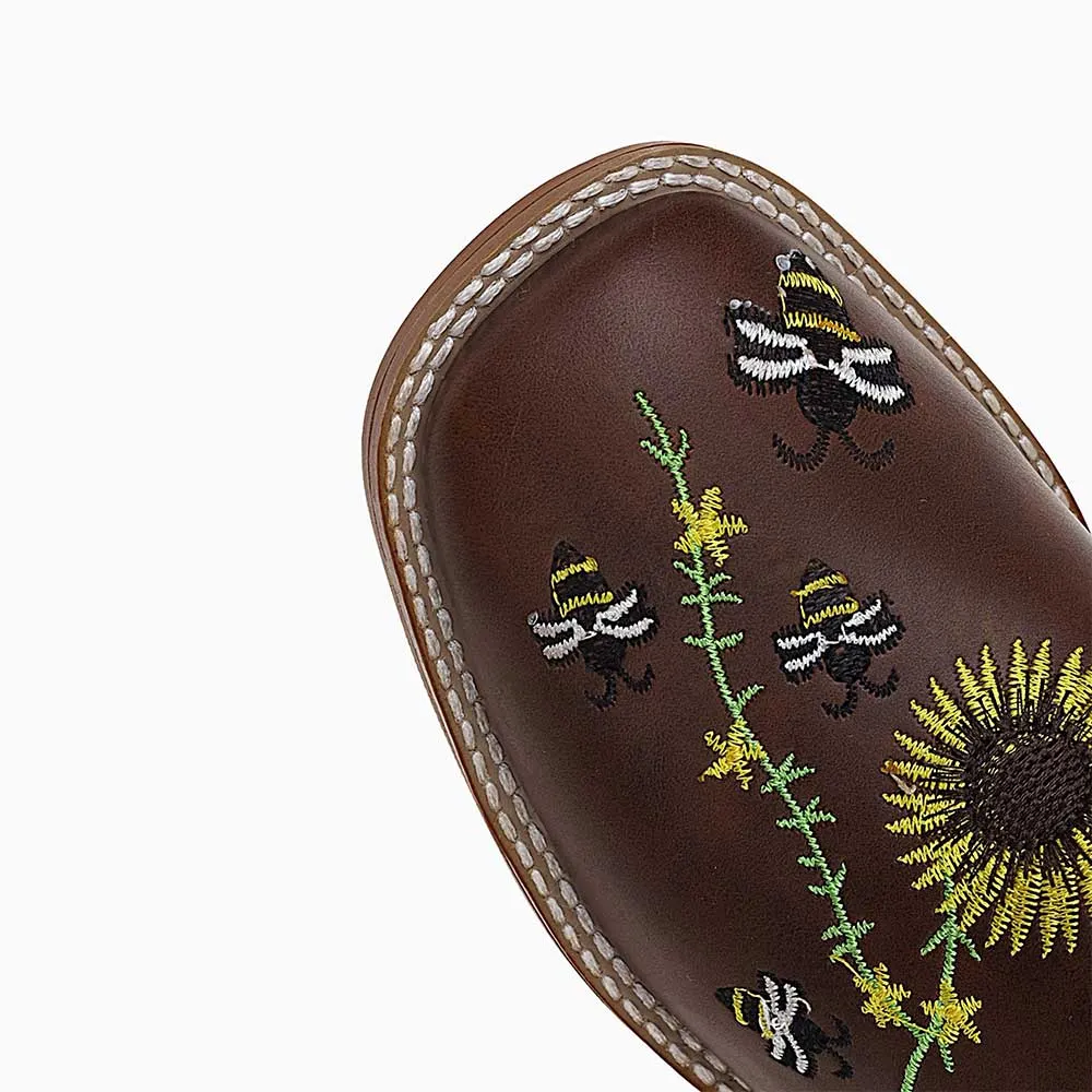 Brown Square Toe Mid Calf Sunflower Embroidered Cowgirl Boots 