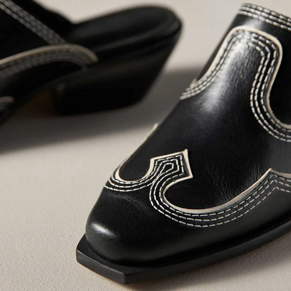 Black Round Toe Vegan Leather Chunky Heel Western Mules Shoes