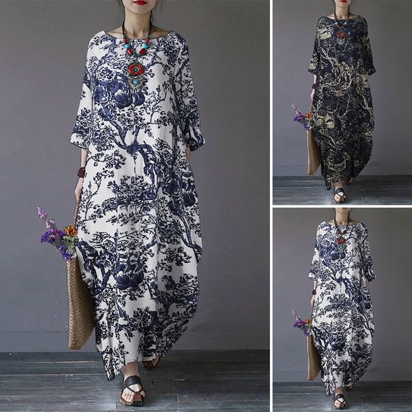 Women Autumn Kaftan Long Sleeve Floral Printed Casual Loose Kaftan Maxi Dress Plus - Shop Trendy Women's Clothing | LoverChic