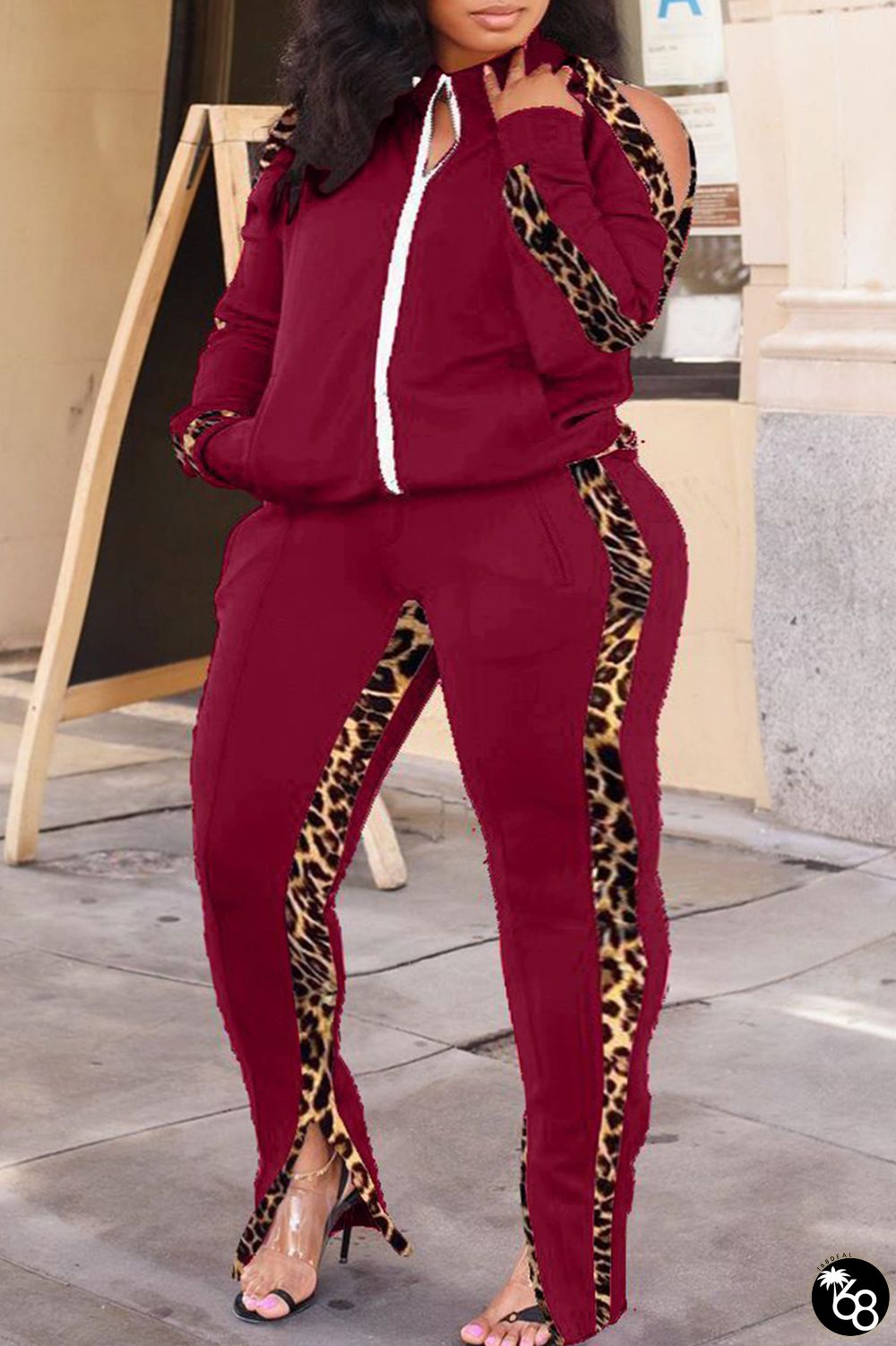 Burgundy Casual Print Leopard Hollowed Out Patchwork Zipper Collar Plus Size Two Pieces | 168DEAL