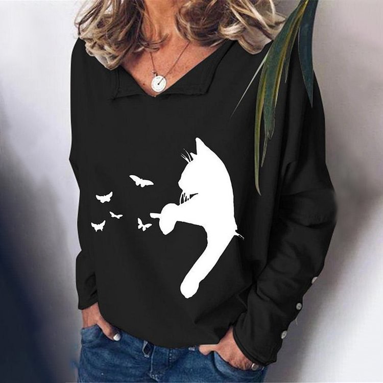 Comstylish Contrast Cat Print V Neck Long Sleeve Casual Sweatshirt