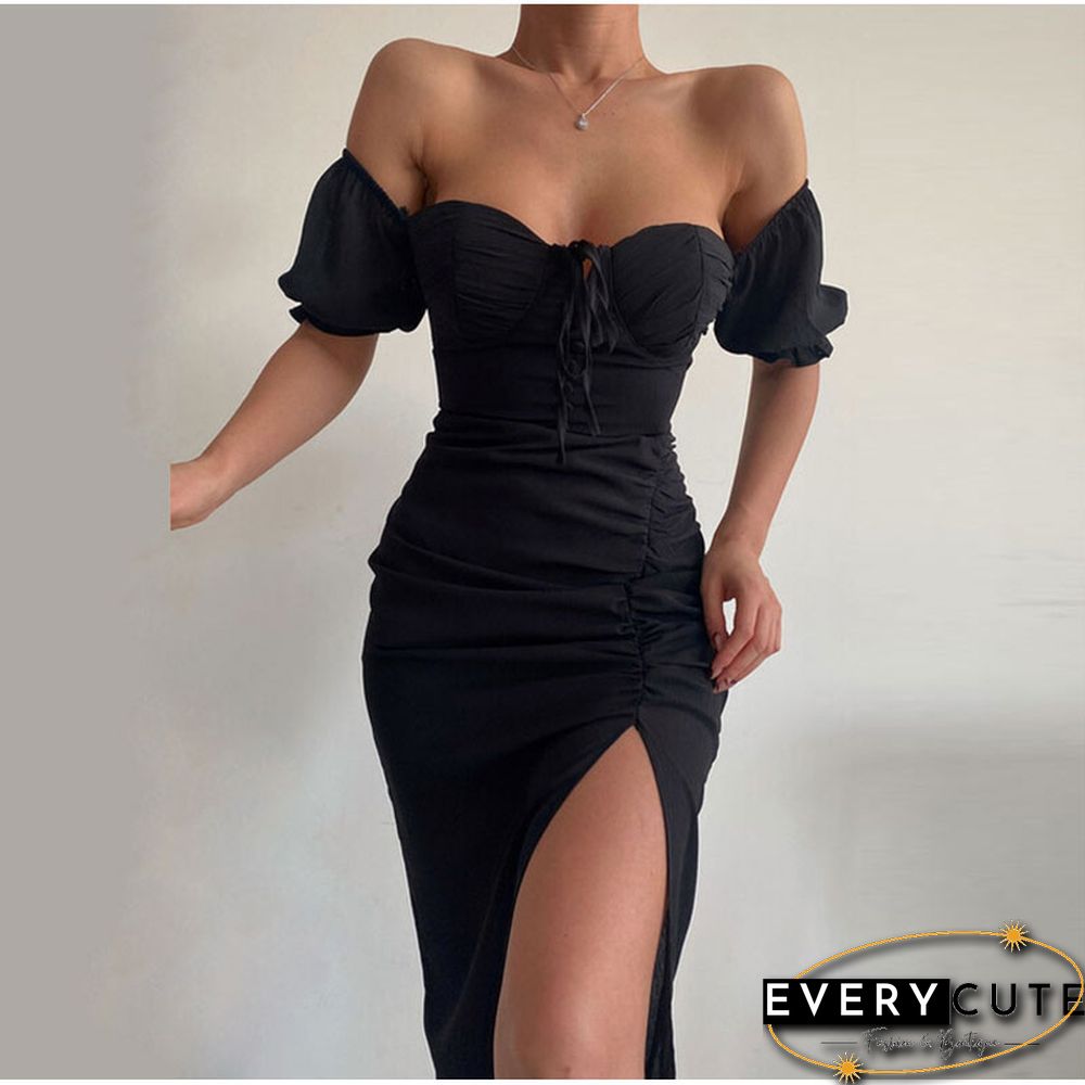 Solid Halter Sleeveless Ruffle Split Long Dress Female Sexy Backless Stylish Party Summer
