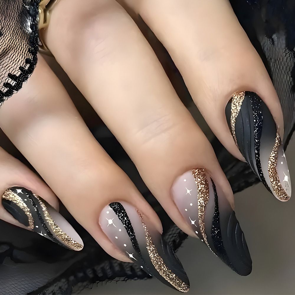 Birthday Nails – 24PCS Black Gradient Wearable Nail Art Glitter  Long Almond False Nail French Fake Nail Press on Nails Full Cover Nail Tips | Kissbake