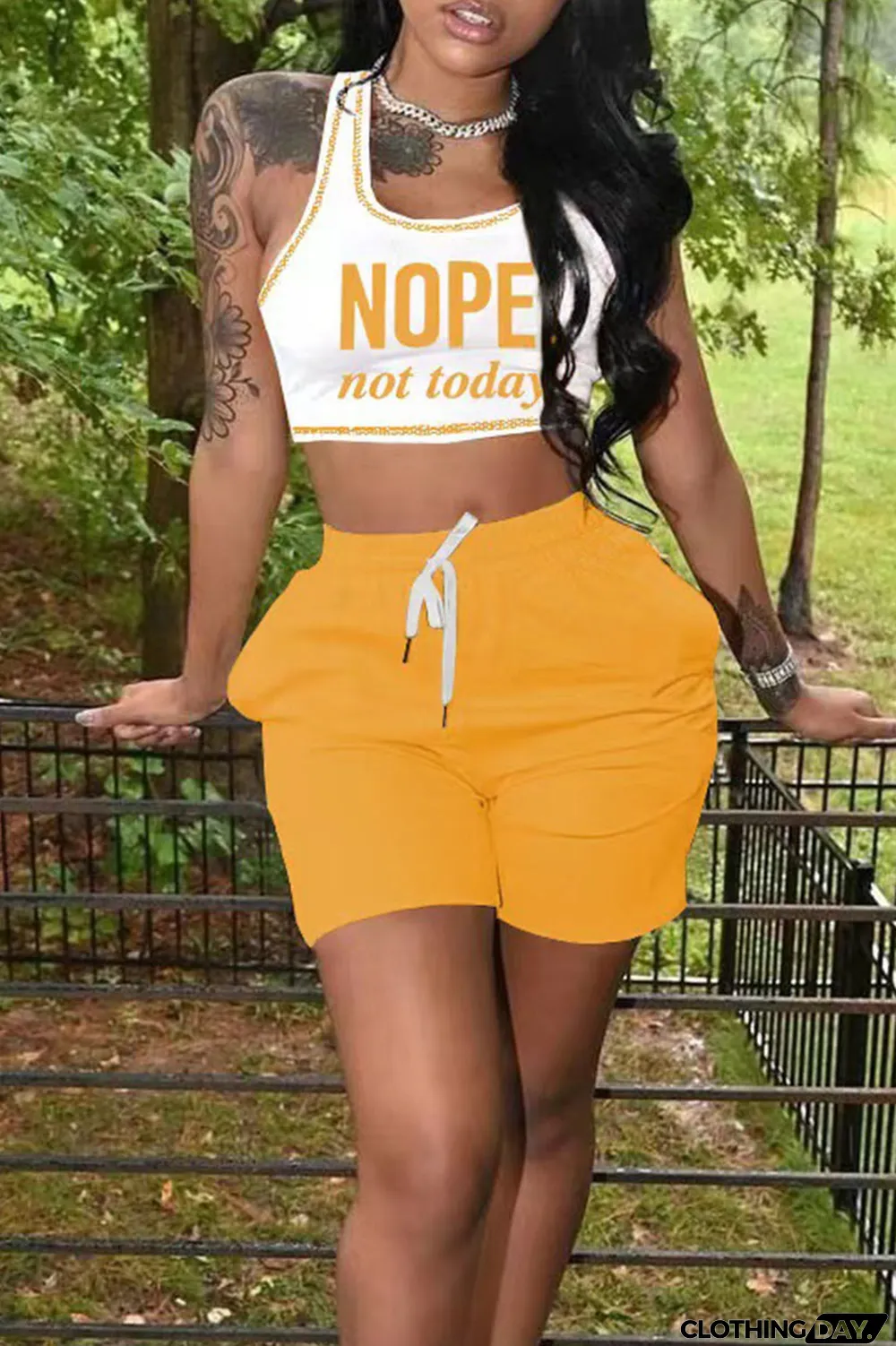 Black Casual Print Split Joint U Neck Sleeveless Two Pieces