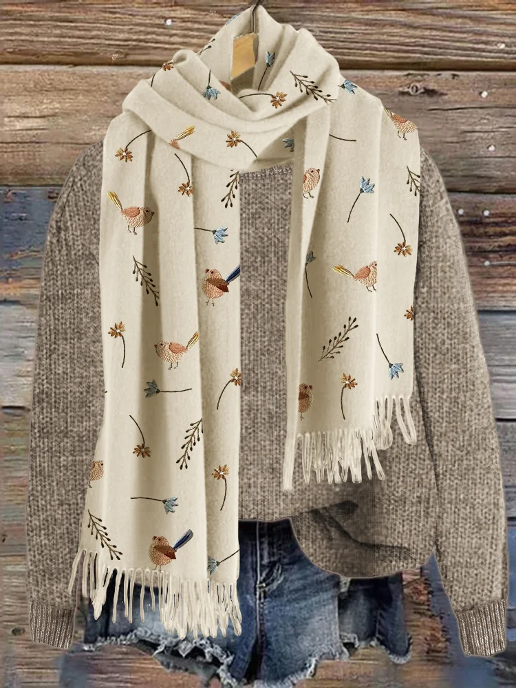 Birds Floral Embroidery Pattern Cozy Scarf