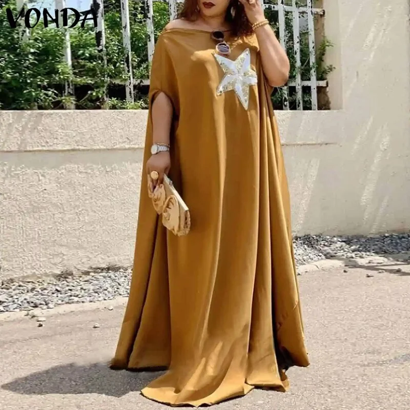 VONDA 2022 Women Summer Off Shoulder Sexy Dress Vintage Short Sleeve Star Print Maxi Long Dresses Ladies Party Vestidos Oversize