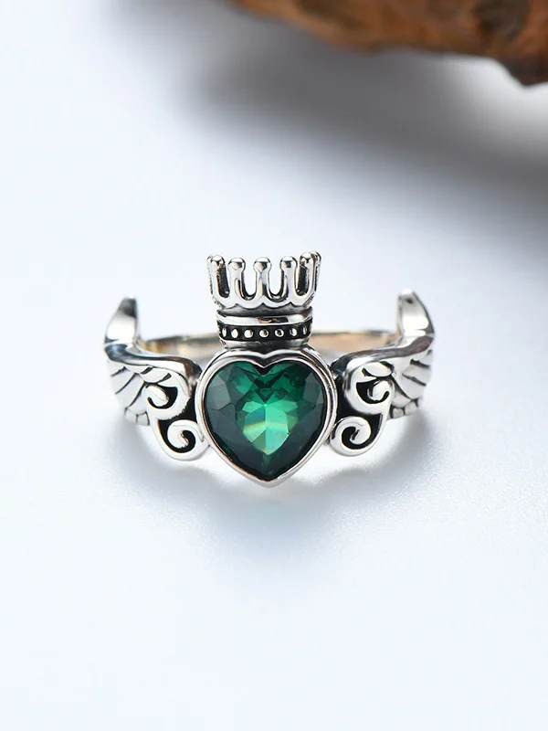 Vintage Heart Crown Zircon 925 Silver Adjustable Ring