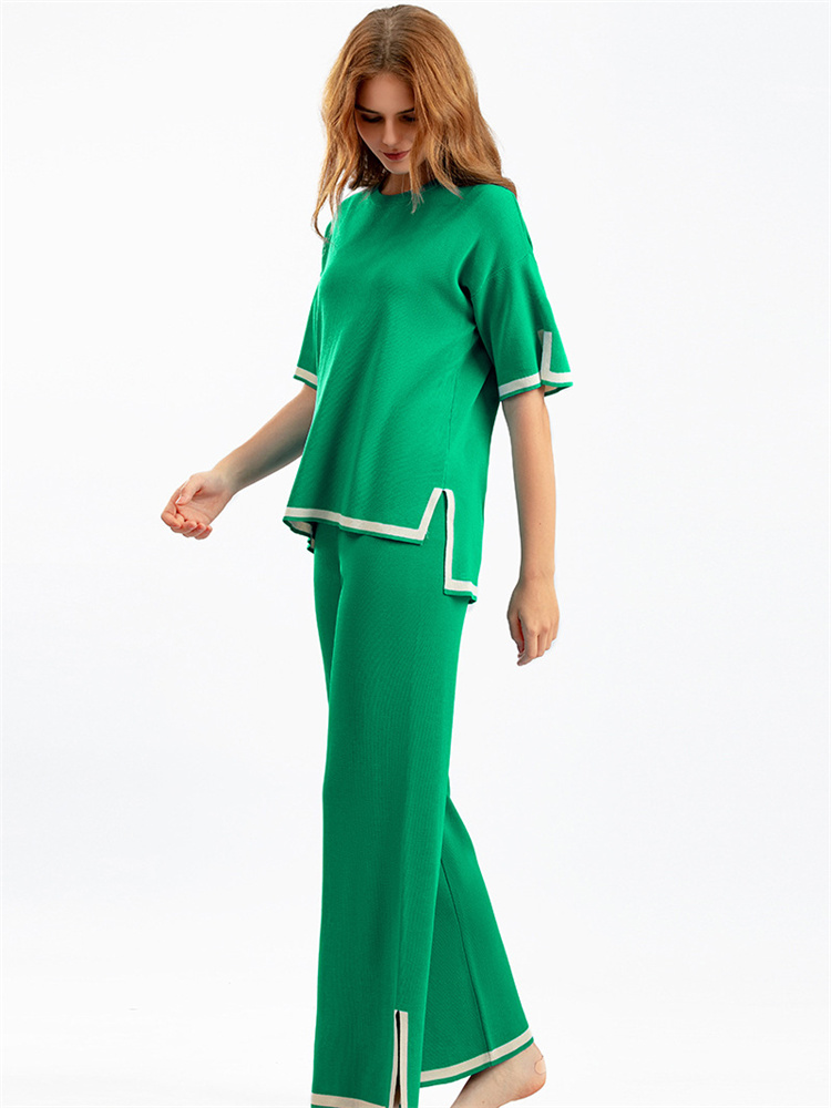 Ootddress Contrast Knit Trousers 2 Piece-Set Female Slim Patchwork Loose Casual Streetwear Pullover And Wide Leg Women's Pants Sets