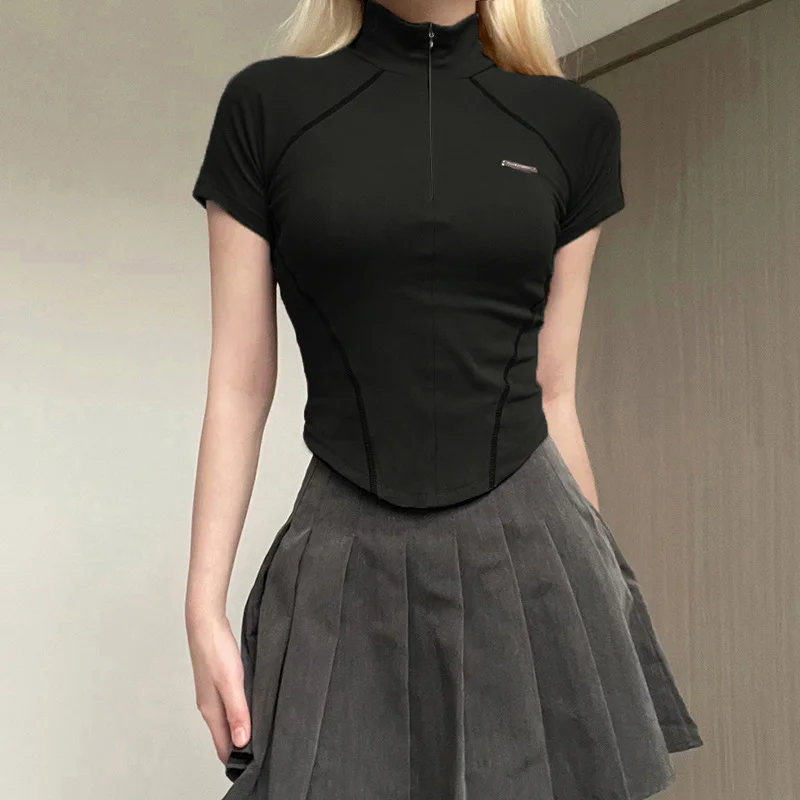 Huibahe Patchwork Short Sleeves Streetwear Crop Shirts Zip Up Moto&Biker Style Clothing Streetwear Slim Fashion Women's Black Tops