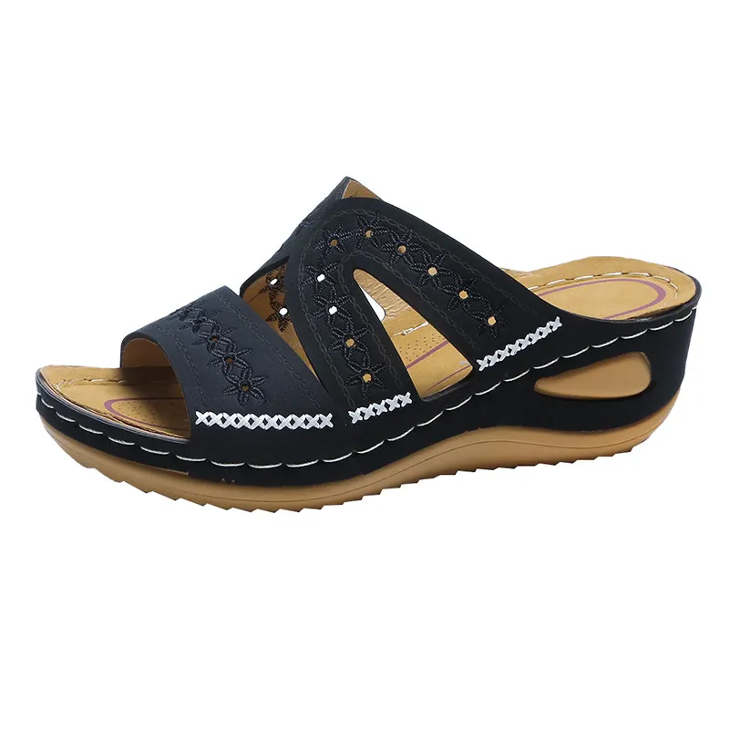 Breakj Breakj Women's Slope And Sewing Sandals Fish Mouth Thick Soles Hollow Large Size Shoes Embroidered Cool Slippers