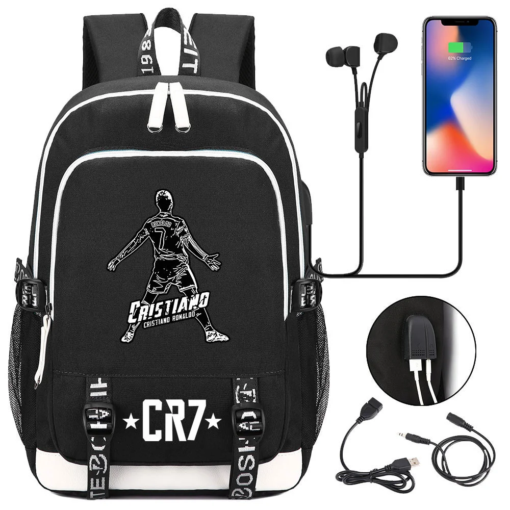 Buzzdaisy Cristiano Ronaldo Printed Backpack with USB Charging Port and Laptop Protection - Multi-Pocket Large Capacity Schoolbag