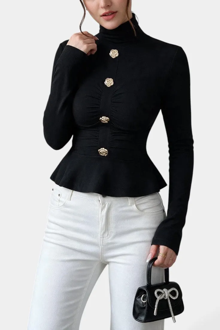 High-Neck Ruched Peplum Top with Rose Buttons