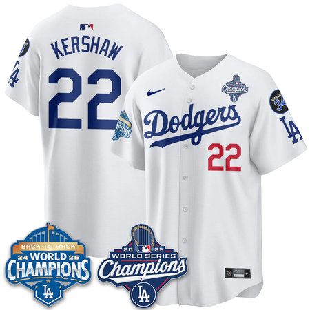 Men's Los Angeles Dodgers #22 Clayton Kershaw White 2025 World Series Champions Jersey ZG2Z
