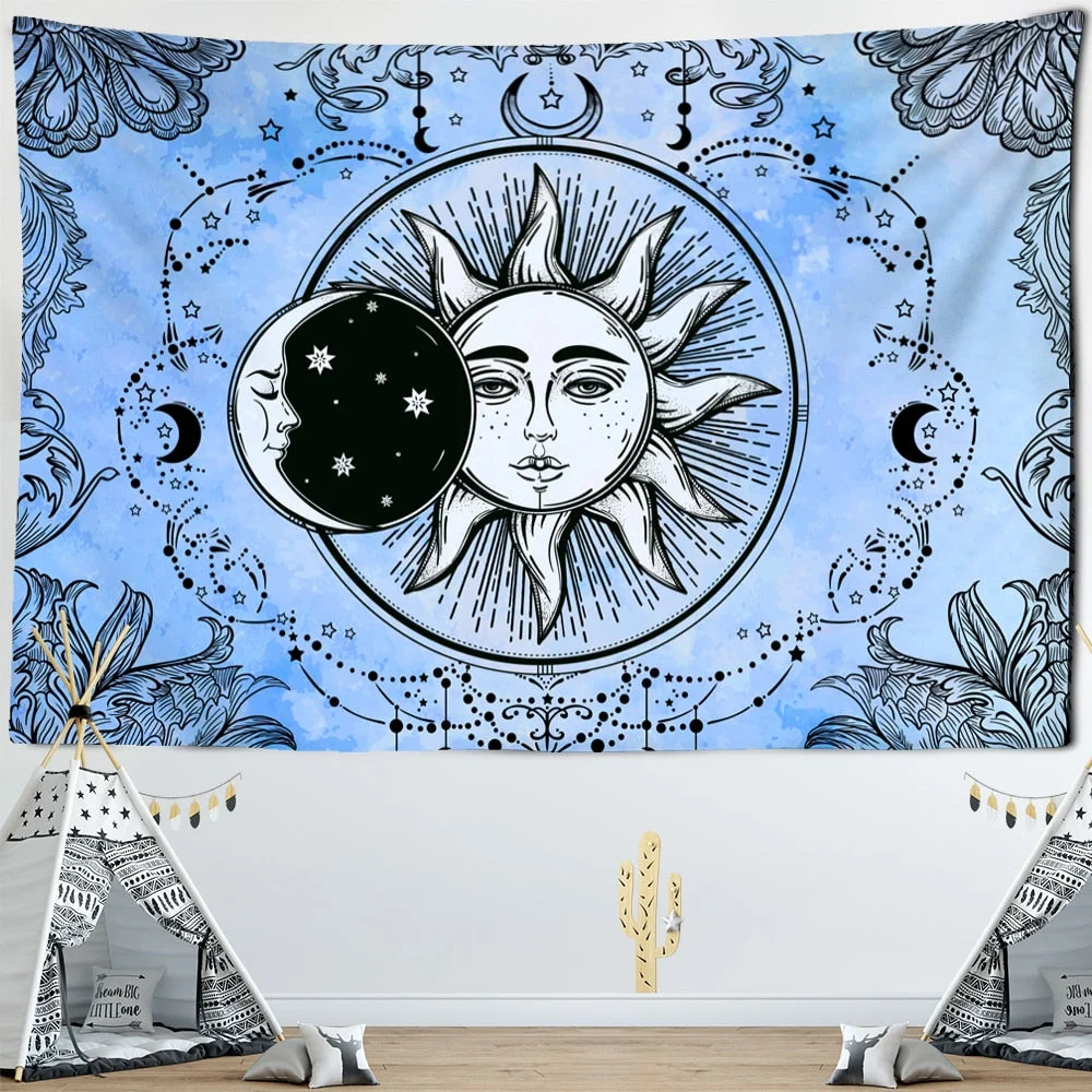 White Black Sun Moon Witchcraft Tapestry India Mandala Celestial Wall Hanging Hippie Wall Carpets Psychedelic Dorm Home Decor