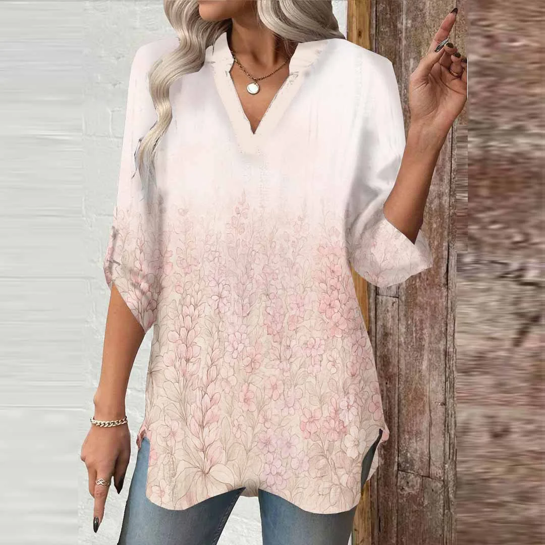 Women Floral,Pink DZGA0585 3/4 Sleeve V-neck Printed Graphic Button Tops