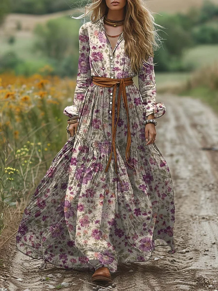 Women's Vintage Shirt Collar Small Floral Long Sleeve Dress Pocket Cotton Dress
